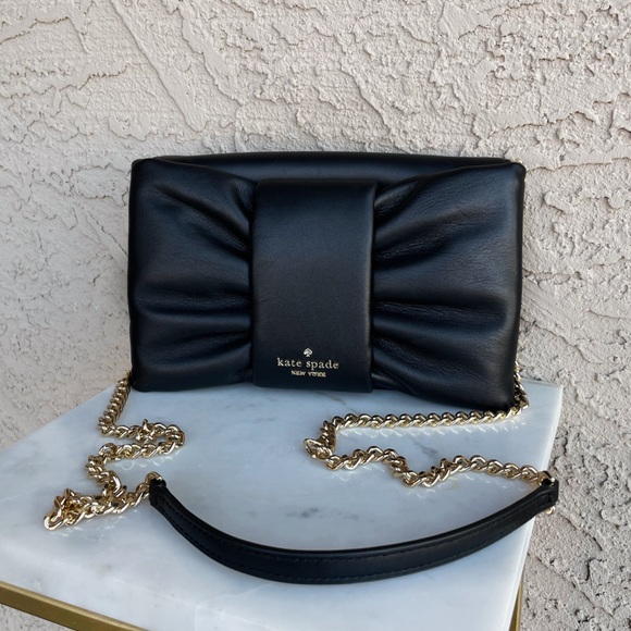 KATE SPADE Black Leather Bow Clutch FlapCrossbody Chain Strap Shoulder Bag